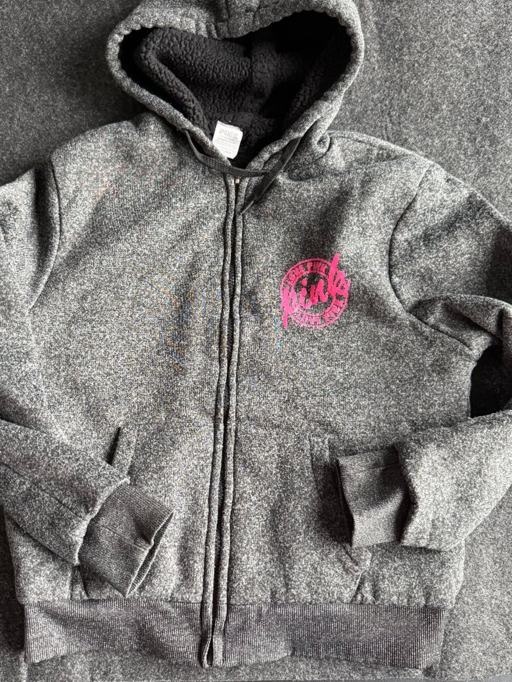 Vintage PINK Victoria's Secret Sherpa Lined Hoodie Gray Full Zip Large